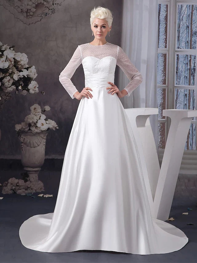 DingjiA-Line Wedding Dresses Jewel Neck Court Train Satin Tulle Length Sleeve Illusion Sleeve with Ruched