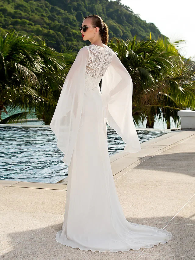 DingjiWedding Dresses Jewel NeckLace Georgette Long Sleeve Beach Illusion Detail Backless with Lace