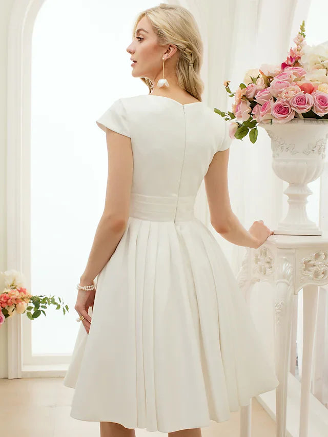 A-Line Wedding Dresses Jewel Neck Knee Length Satin Short Sleeve Formal Simple Casual Little White Dress with Sash Ribbon