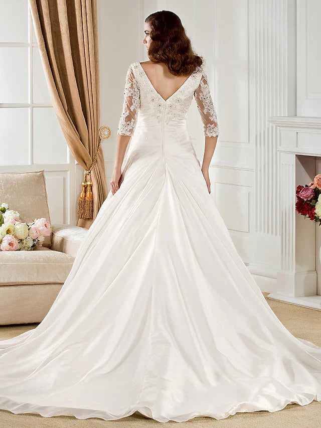 Ball Gown Wedding Dresses V Neck Chapel Train Taffeta Half Sleeve See-Through with Ruched Beading Appliques