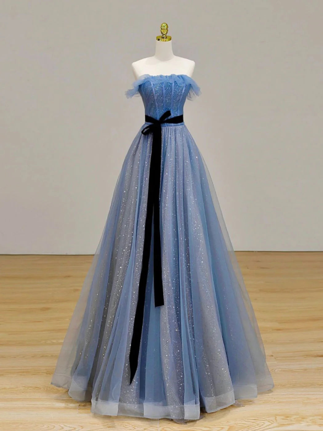 Blue Long Prom Dress Tulle Sequin Long Blue Formal Evening Dress