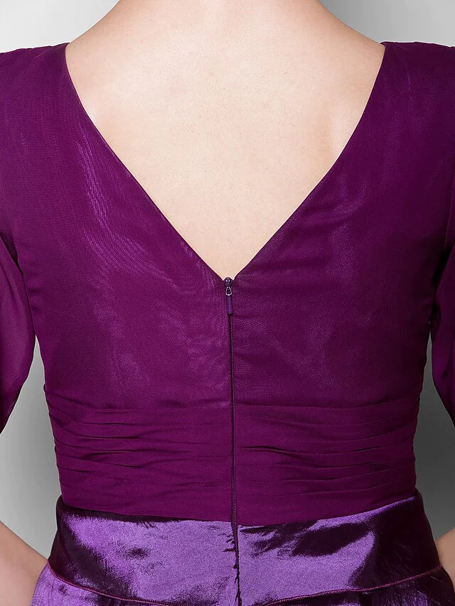 Mother of the Bride Dress V Neck Knee Length Chiffon Taffeta Short Sleeve with Criss Cross