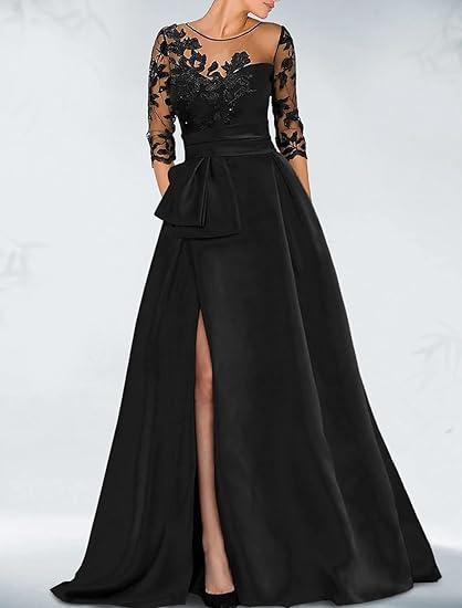 A-Line Elegant Mother of the Bride Dresses Court Train Jewel Neck 3/4 Sleeve Evening Dress with Beading Slit Appliques