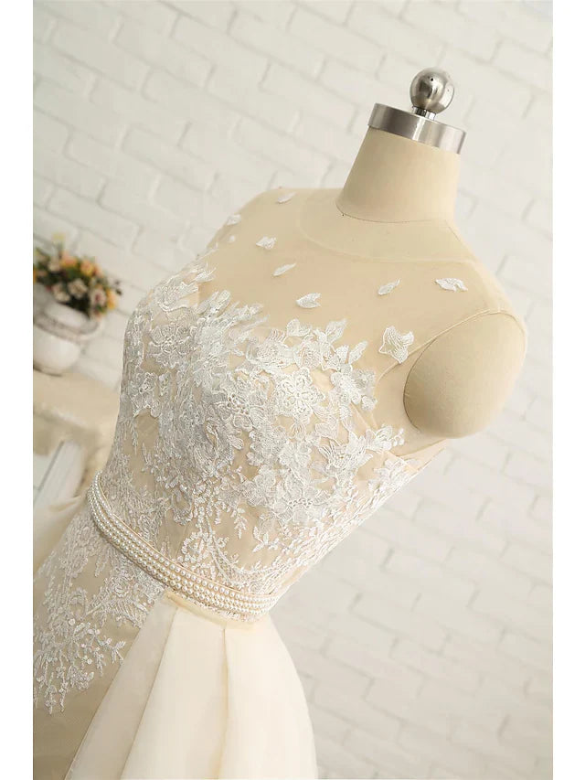 DingjiWedding Dresses Jewel Neck Chapel Train Lace Tulle Lace Over Satin Regular Straps Formal See-Through with Sashes Ribbons Pearls Appliques