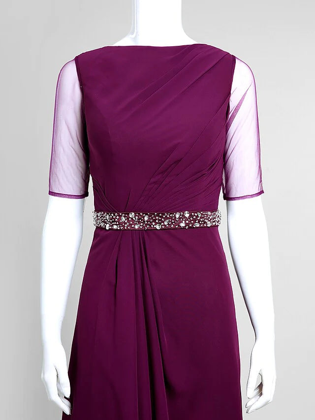 Mother of the Bride Dress Elegant Bateau Neck Floor Length Chiffon Tulle Half Sleeve with Beading