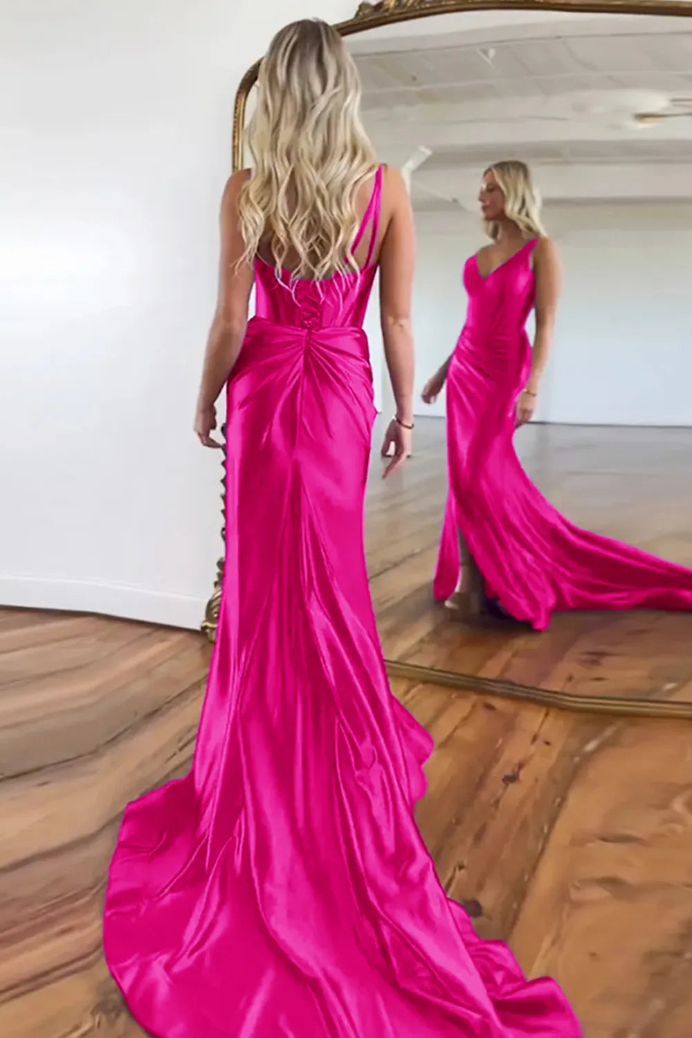 V-Neck Sweep Train Mermaid Prom Dress With Slit