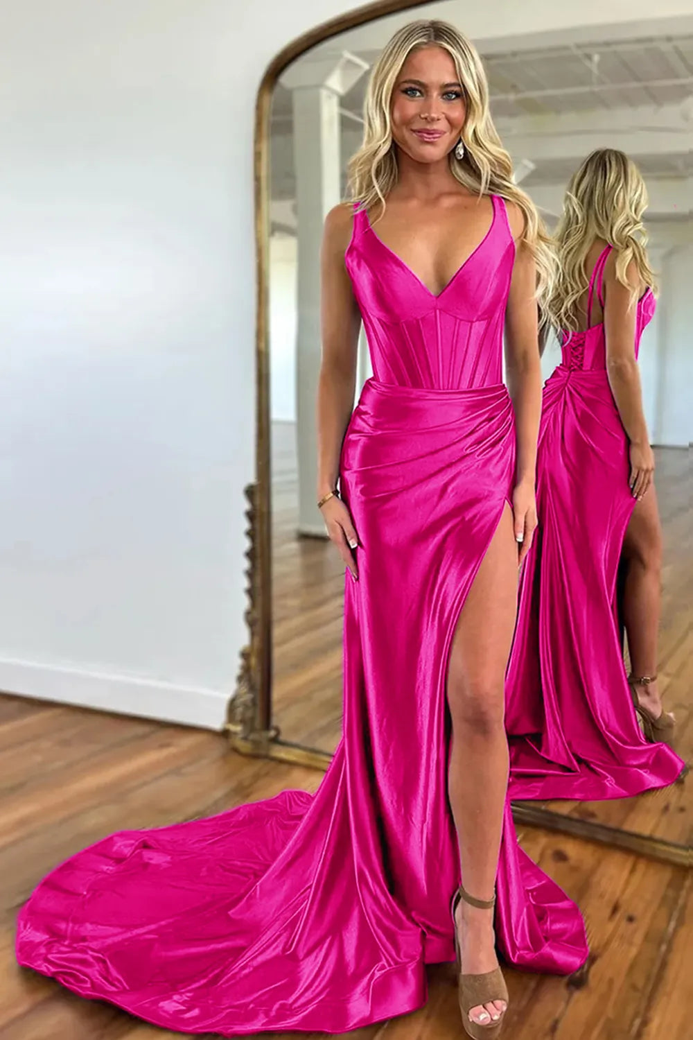 V-Neck Sweep Train Mermaid Prom Dress With Slit