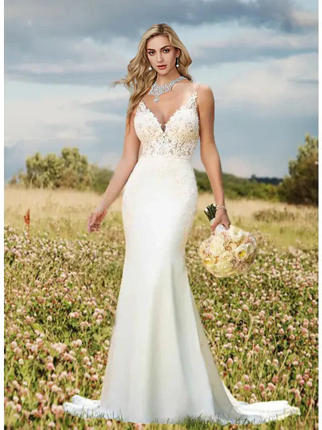 DingjiWedding Dresses V Neck Lace Charmeuse Regular Straps Sexy Backless with Draping Appliques