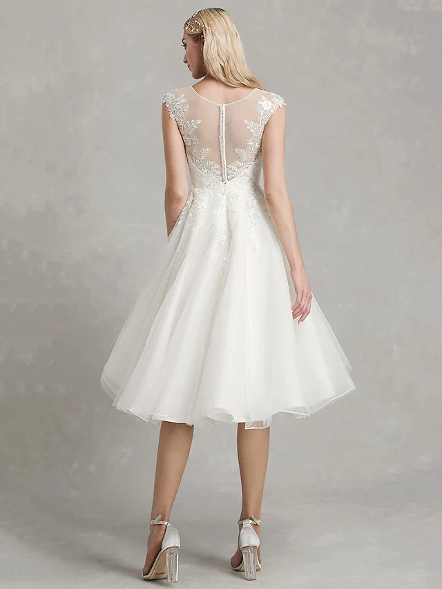DingjiA-Line Wedding Dresses Jewel Neck Tea Length Lace Tulle Cap Sleeve Beautiful Back with Appliques