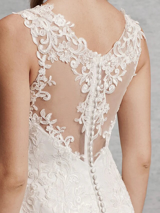 DingjiWedding Dresses Scoop Neck Court Train Lace Satin Tulle Regular Straps Beautiful Back with Lace Appliques