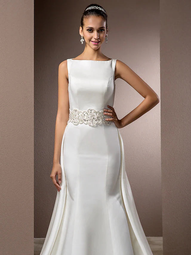 Dingji Wedding Dresses Bateau Neck Cathedral Train Satin Regular Straps Vintage Inspired with Beading