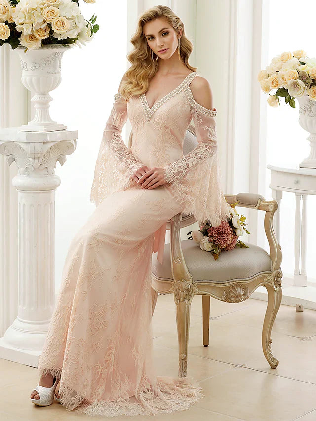 DingjiWedding Dresses Plunging Neck Sheer Lace Long Sleeve Wedding Dress in Color Open Back Floral Lace with Bow(s) Crystals