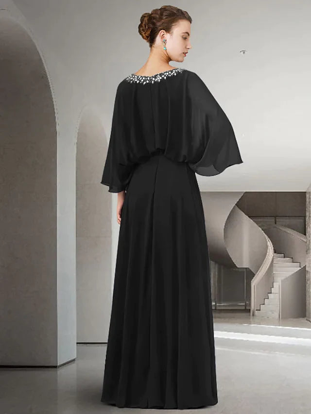 Mother of the Bride Dress Elegant Jewel Neck Floor Length Chiffon Long Sleeve with Pleats Beading Split Front