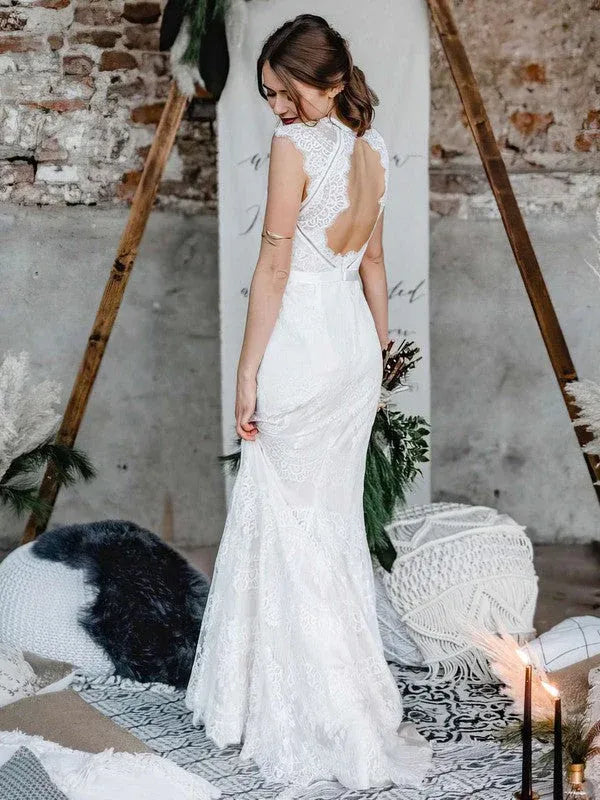 Fashion Romantic Chapel Train High Neck Cap Sleeve Lace Mermaid Wedding Dress with Open Back