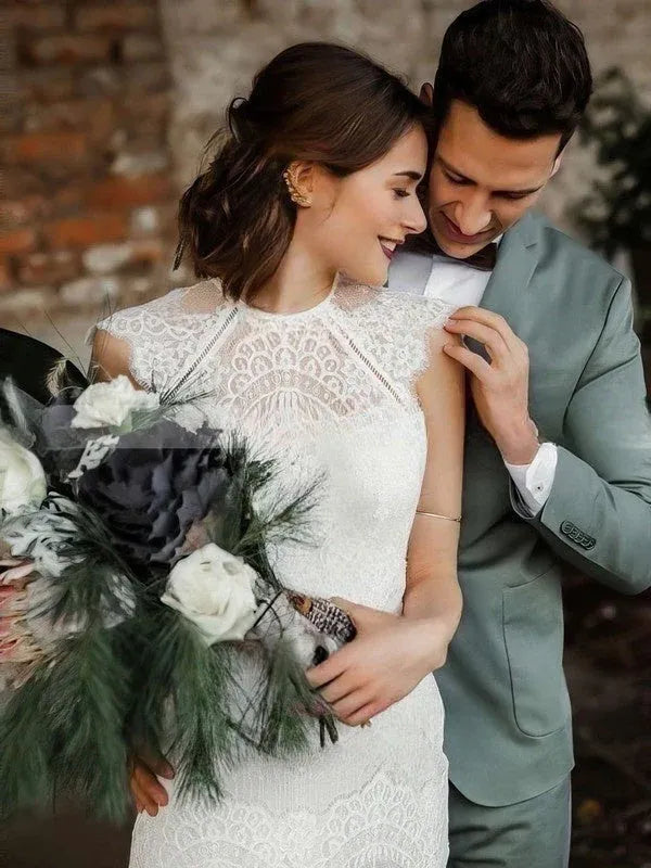 Fashion Romantic Chapel Train High Neck Cap Sleeve Lace Mermaid Wedding Dress with Open Back