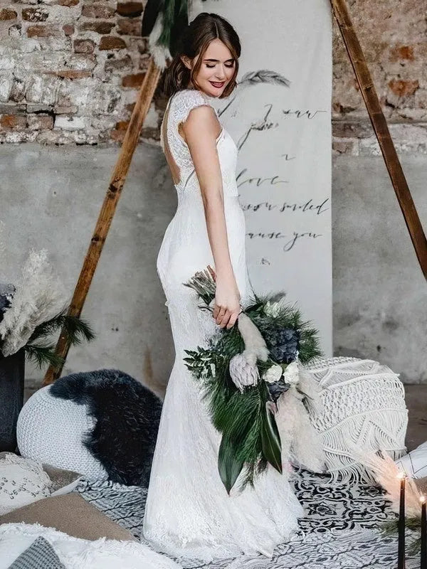 Fashion Romantic Chapel Train High Neck Cap Sleeve Lace Mermaid Wedding Dress with Open Back