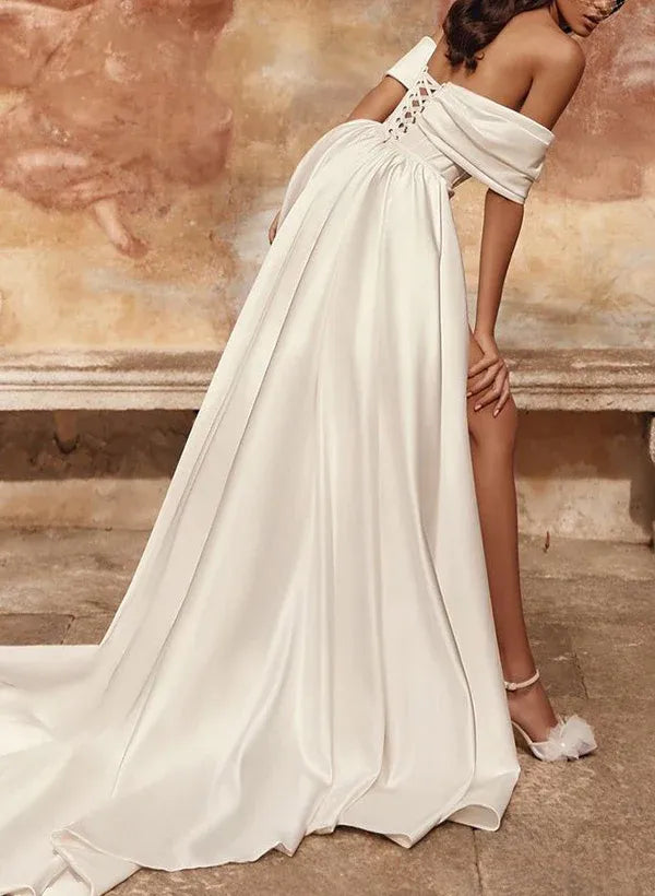 Fashion Romantic Off-the-Shoulder Corset Satin Mini Brush Train Wedding Dress with Detachable Train