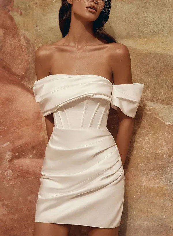 Fashion Romantic Off-the-Shoulder Corset Satin Mini Brush Train Wedding Dress with Detachable Train