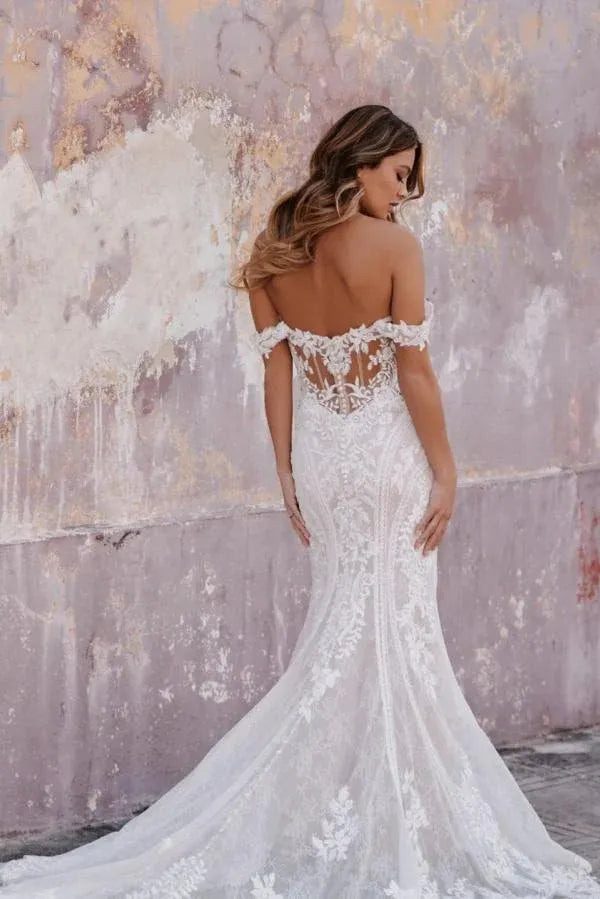 Fashion Romantic Off-the-Shoulder Floral Lace Mermaid Wedding Dress with Sheer Back