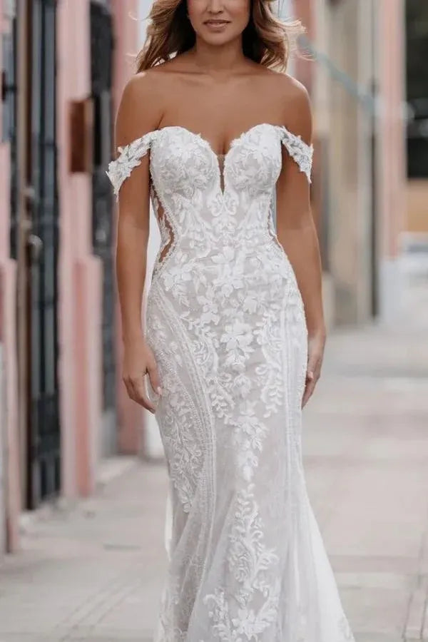 Fashion Romantic Off-the-Shoulder Floral Lace Mermaid Wedding Dress with Sheer Back