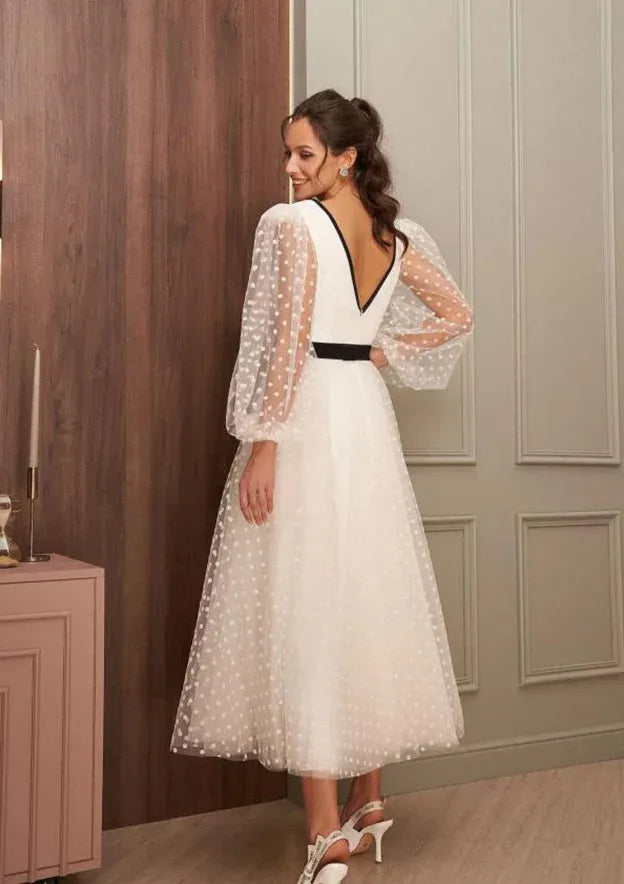 Fashion Romantic Polka Dot Tulle A-Line Midi Puff Sleeve Wedding Dress with Black Belt & Puff Sleeves