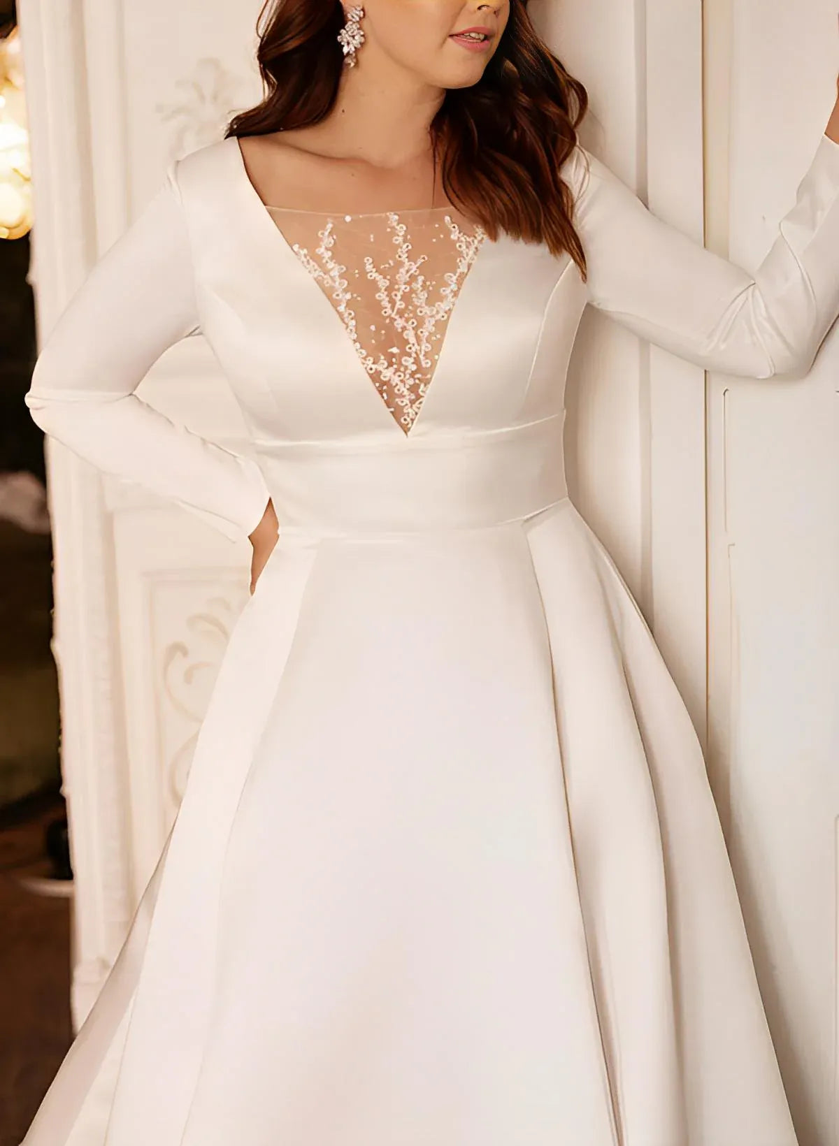 Fashion Romantic Solid Color Long Sleeve Satin A-Line Brush Train Wedding Dress with Illusion V-Neck
