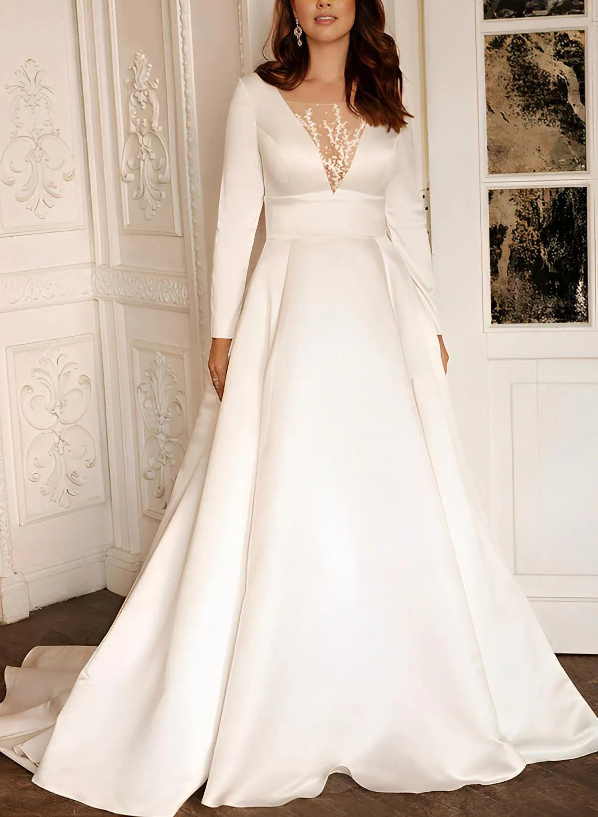 Fashion Romantic Solid Color Long Sleeve Satin A-Line Brush Train Wedding Dress with Illusion V-Neck