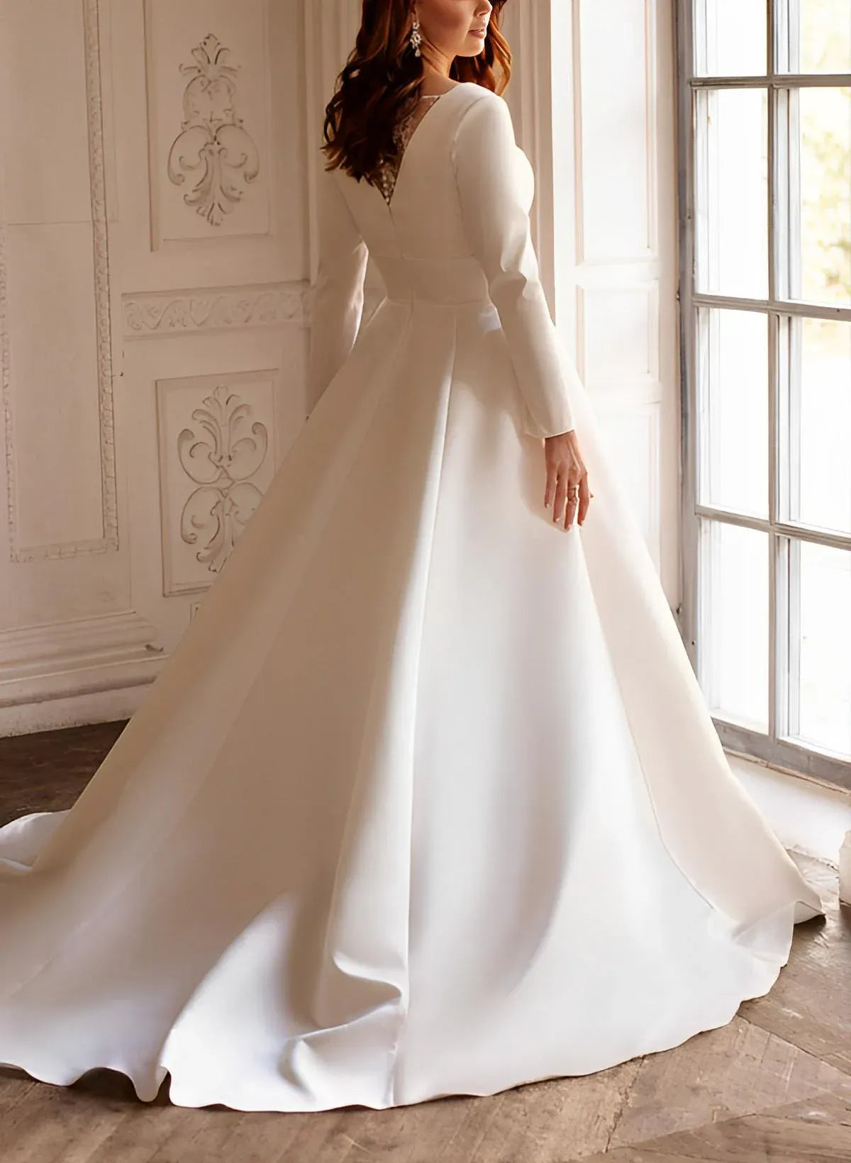 Fashion Romantic Solid Color Long Sleeve Satin A-Line Brush Train Wedding Dress with Illusion V-Neck