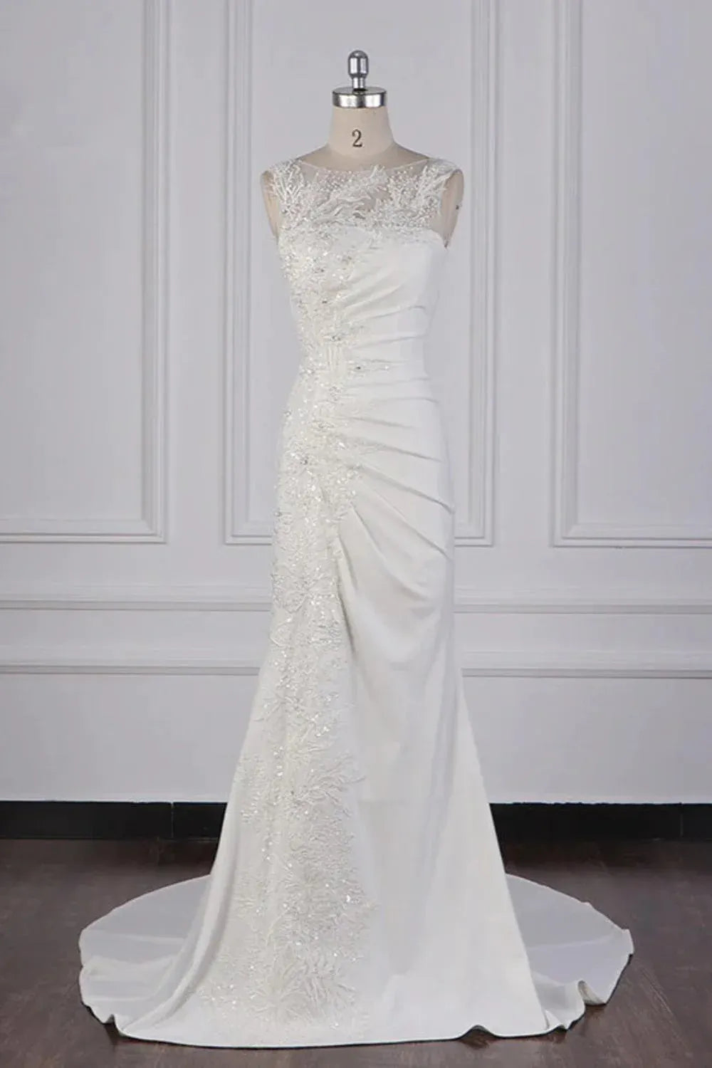 Fashion Romantic llusion Neck Beaded Lace Mermaid Wedding Dress with Ruched Crepe Skirt