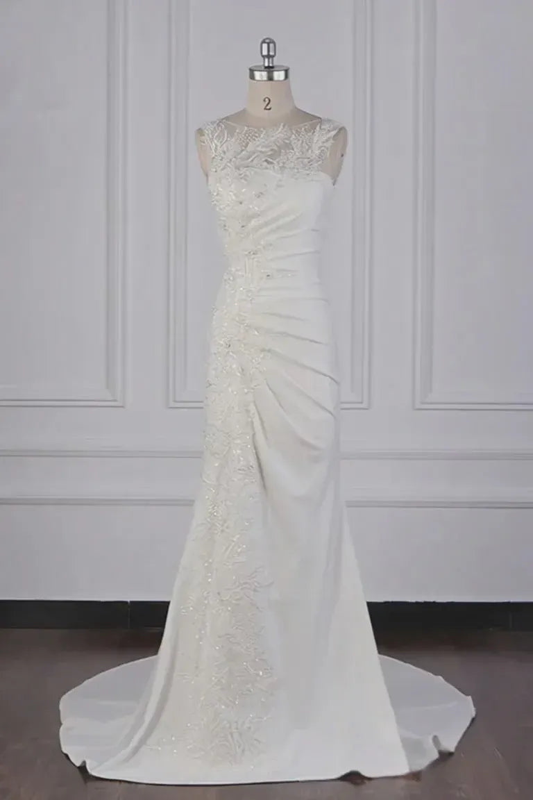 Fashion Romantic llusion Neck Beaded Lace Mermaid Wedding Dress with Ruched Crepe Skirt
