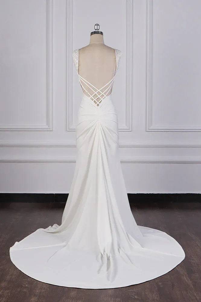 Fashion Romantic llusion Neck Beaded Lace Mermaid Wedding Dress with Ruched Crepe Skirt