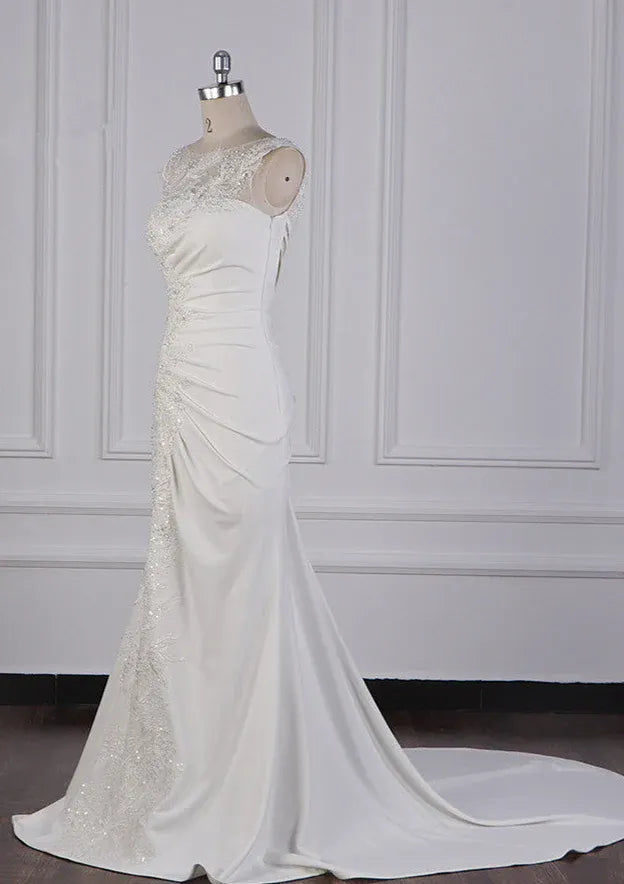 Fashion Romantic llusion Neck Beaded Lace Mermaid Wedding Dress with Ruched Crepe Skirt