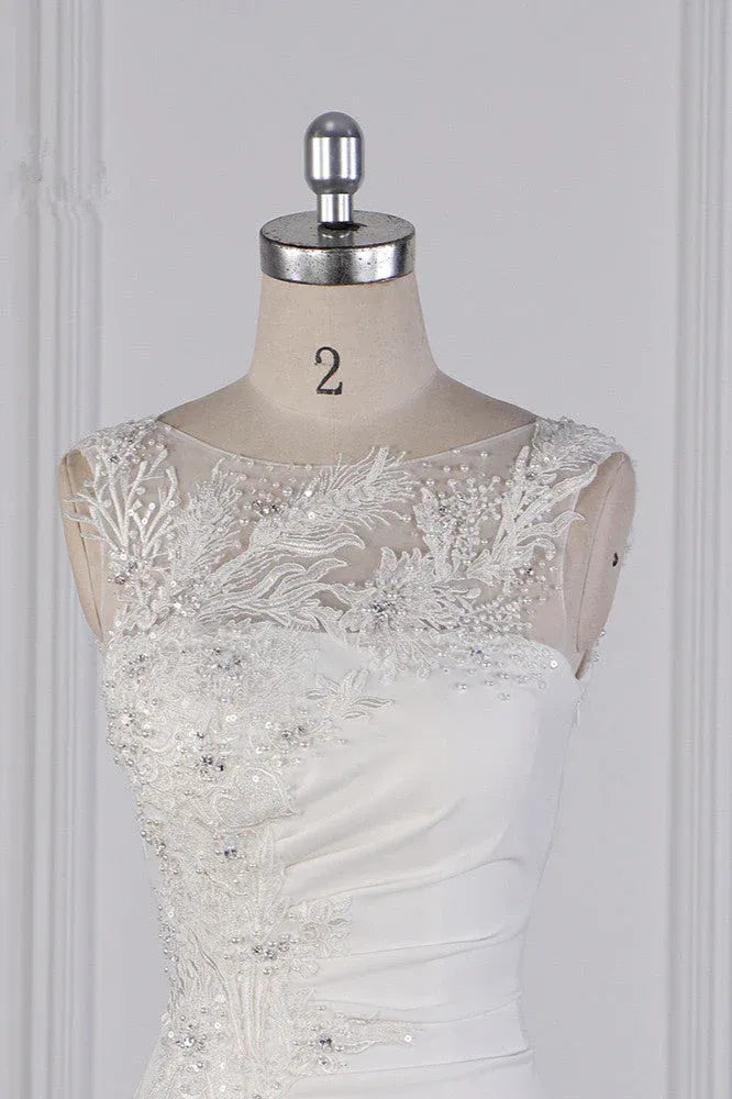 Fashion Romantic llusion Neck Beaded Lace Mermaid Wedding Dress with Ruched Crepe Skirt