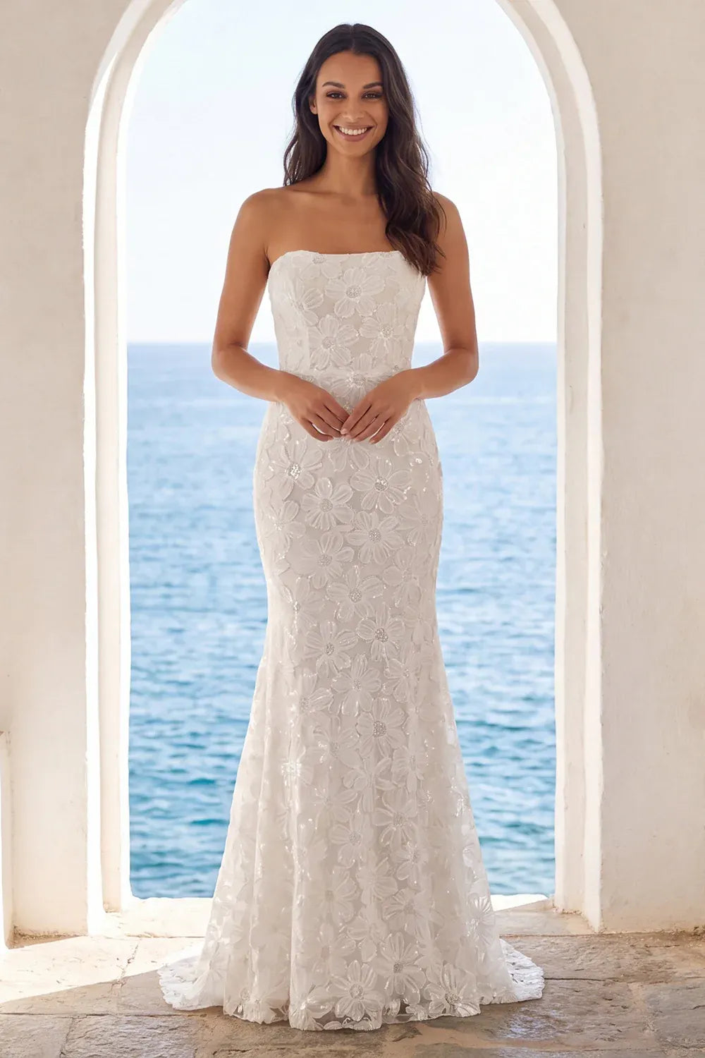 Fashion Sparkle Strapless Floral Sequin Lace Mermaid Floor-Length  Wedding Dress