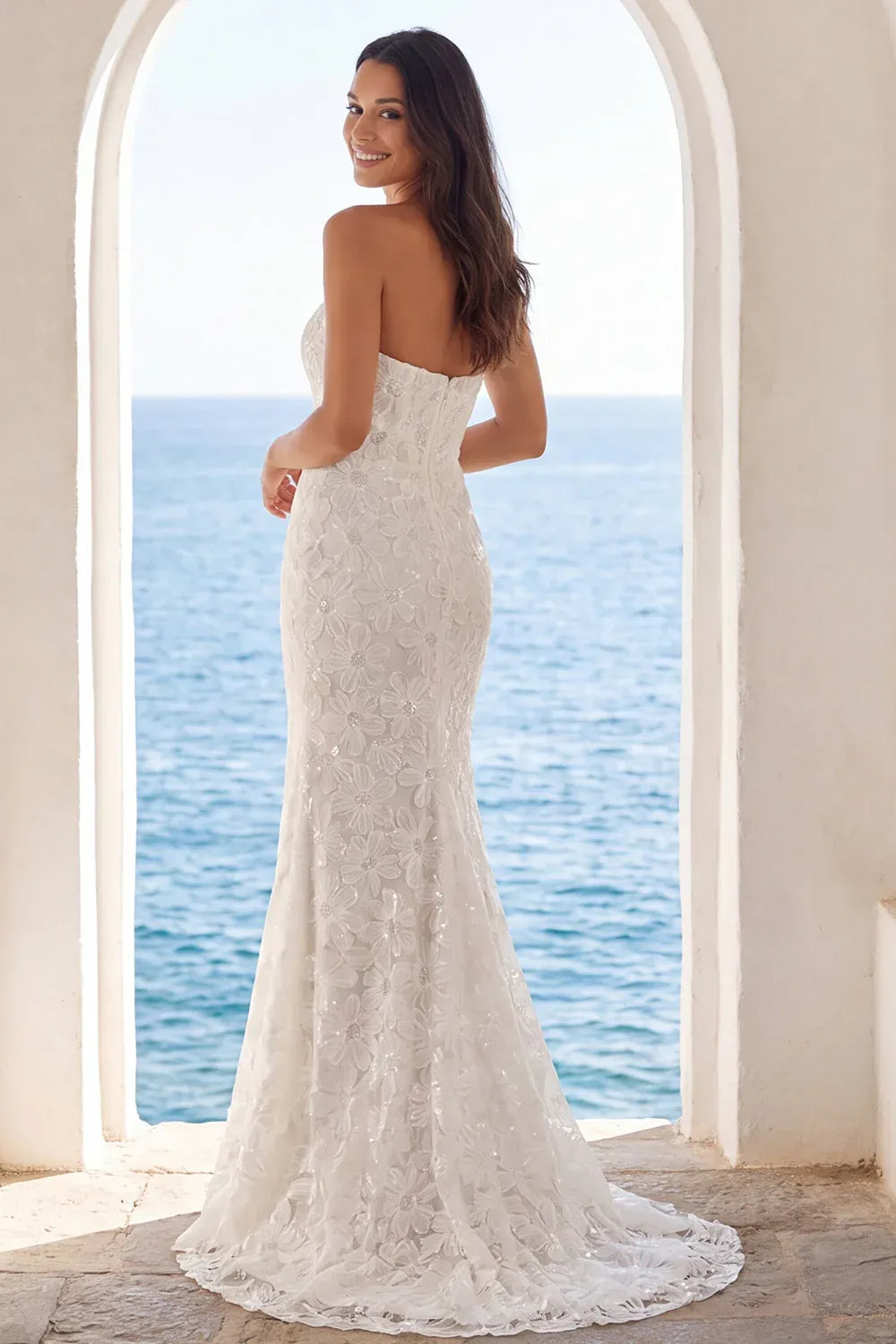 Fashion Sparkle Strapless Floral Sequin Lace Mermaid Floor-Length  Wedding Dress