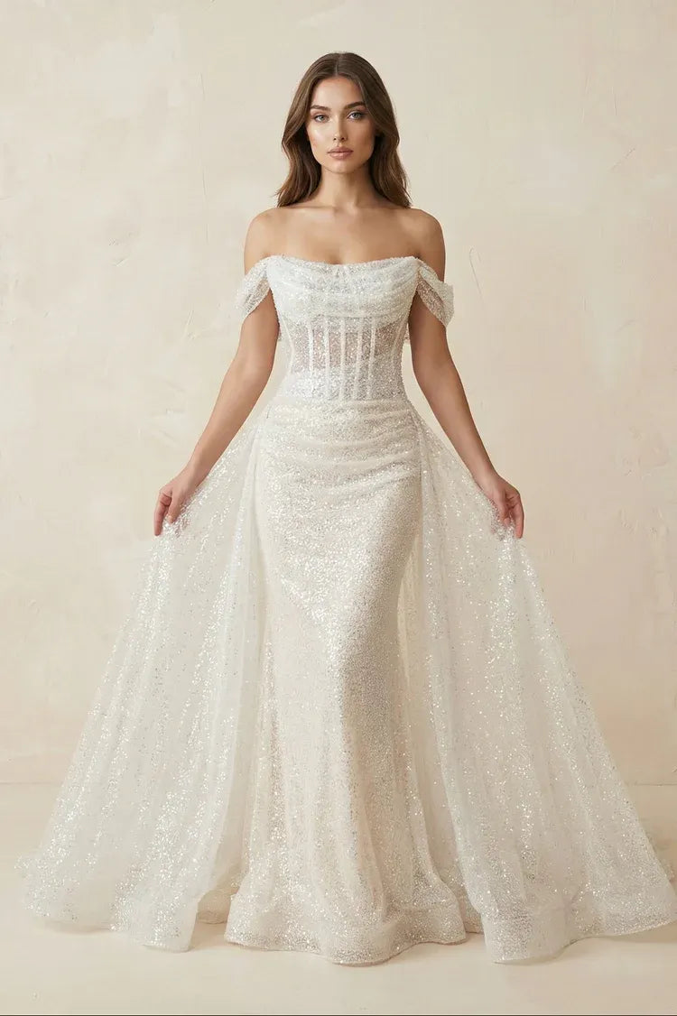 Fashionable Modern Fashion Off-the-Shoulder Sequin Mermaid Wedding Dress with Overskirt