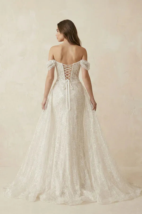 Fashionable Modern Fashion Off-the-Shoulder Sequin Mermaid Wedding Dress with Overskirt