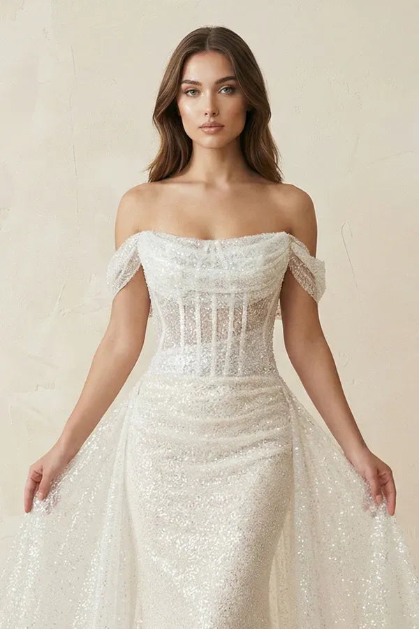 Fashionable Modern Fashion Off-the-Shoulder Sequin Mermaid Wedding Dress with Overskirt