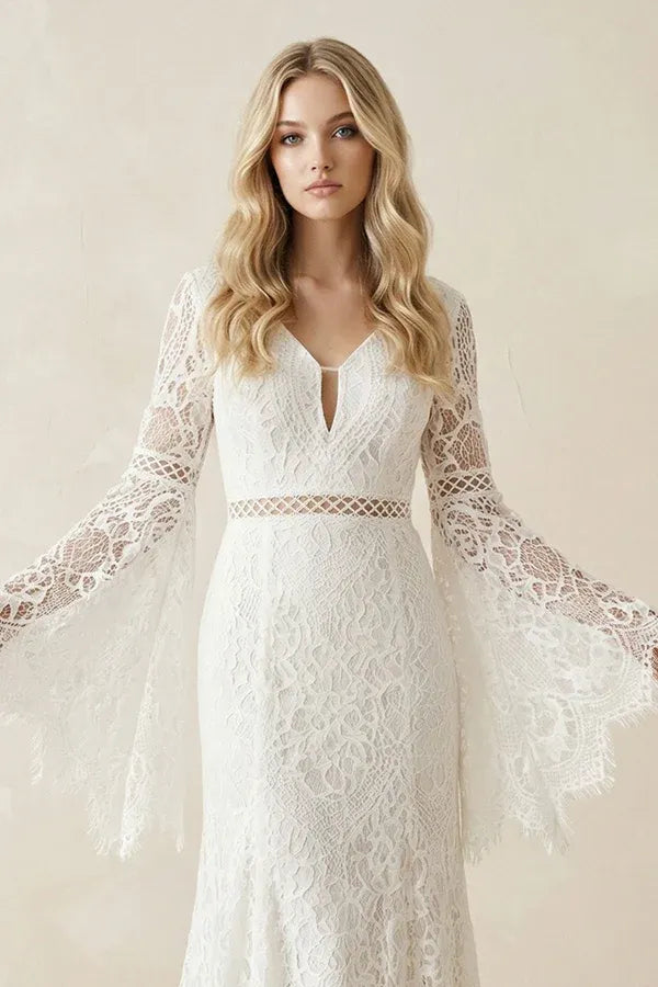 Fashionable Modern Fashion Shawl sleeves Bohemian Lace Mermaid Wedding Dress with Bell Sleeves