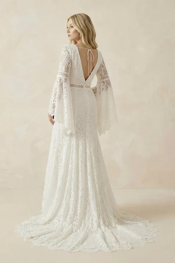 Fashionable Modern Fashion Shawl sleeves Bohemian Lace Mermaid Wedding Dress with Bell Sleeves