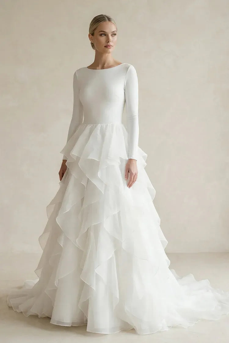 Fashionable Modern Fashion Strapless Long Sleeve Jersey and Organza Ball Gown Wedding Dress