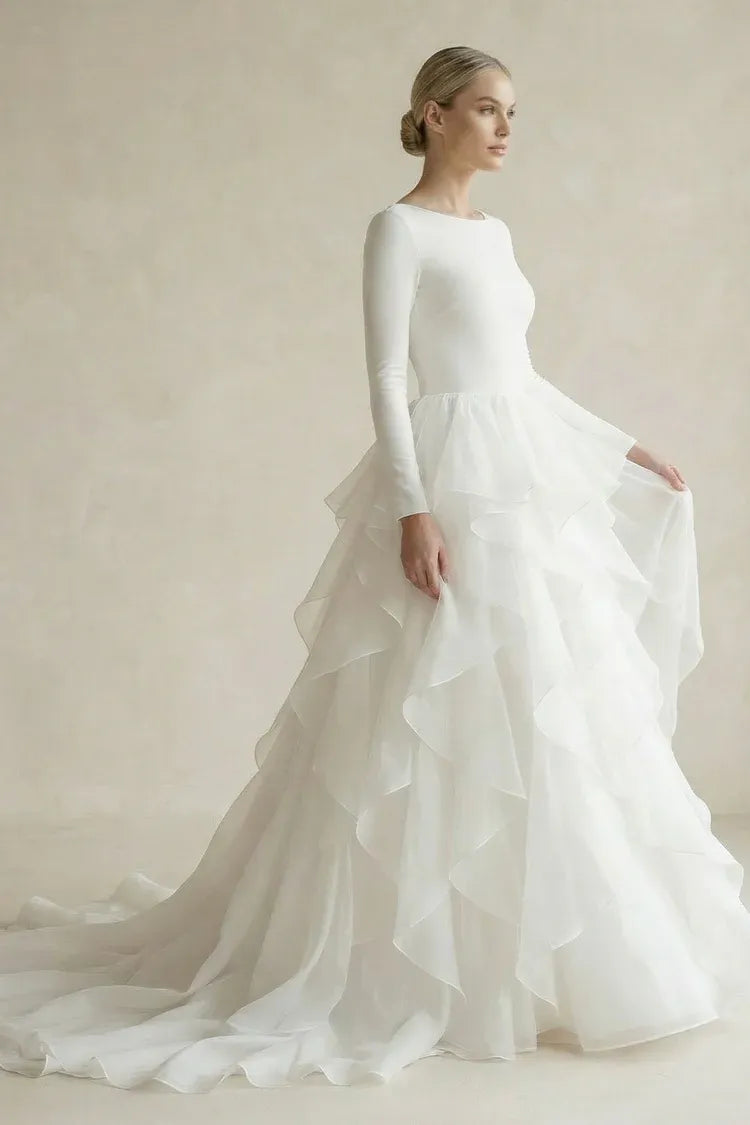 Fashionable Modern Fashion Strapless Long Sleeve Jersey and Organza Ball Gown Wedding Dress