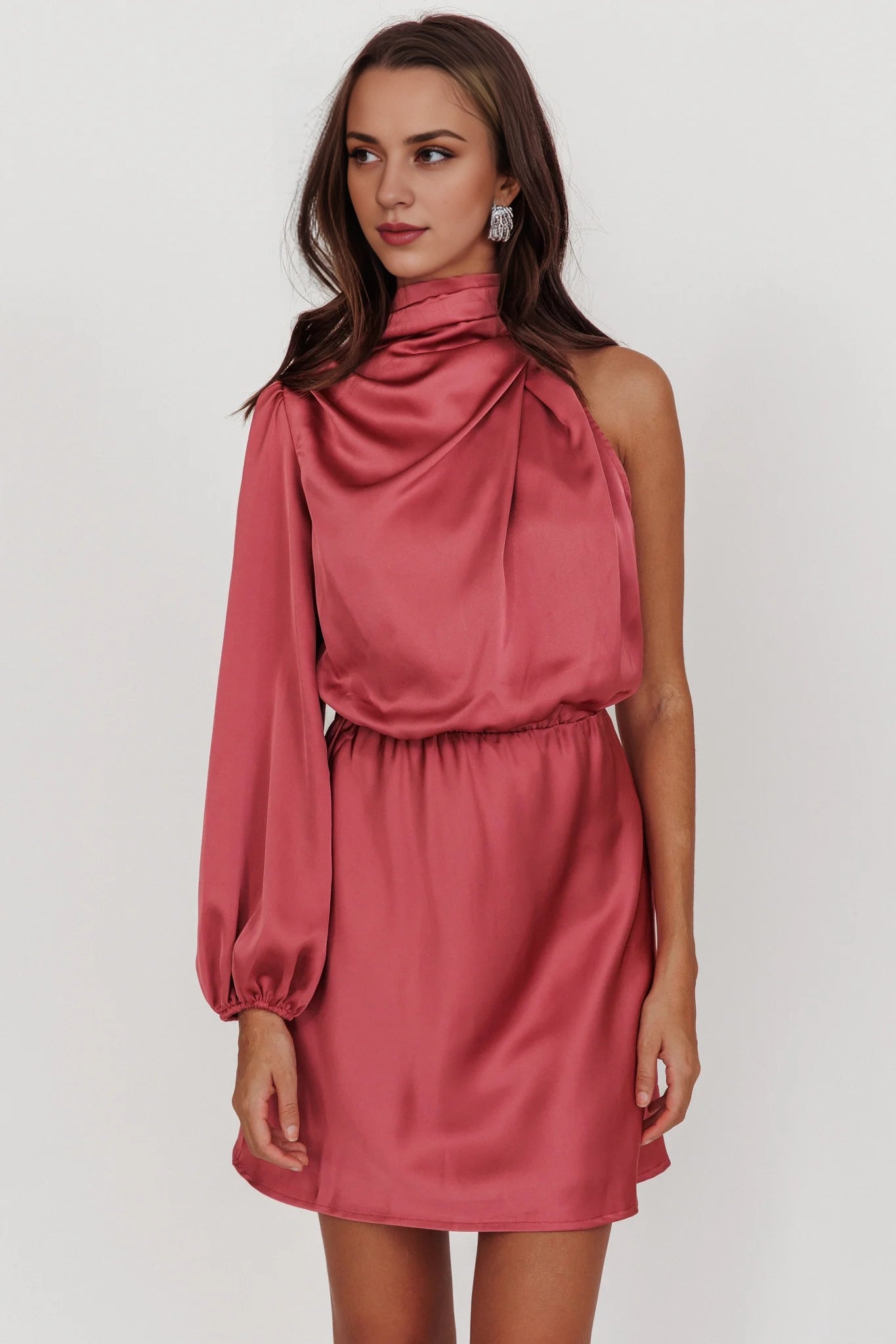 Fashionable one shoulder mini bubble sleeves, high neck, back slit, invisible back zipper, Homecoming Dresses