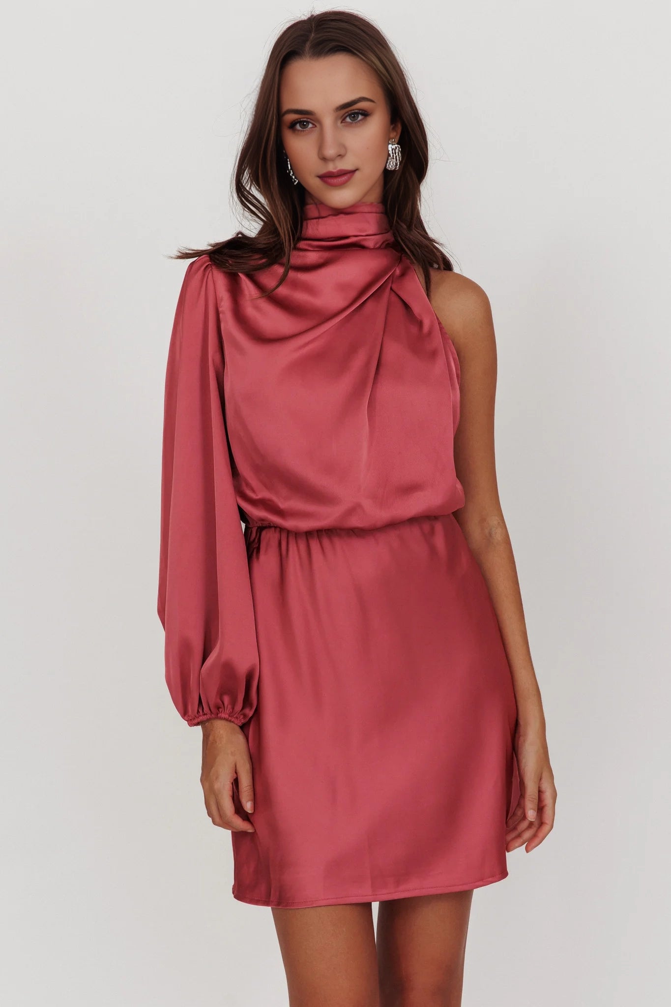 Fashionable one shoulder mini bubble sleeves, high neck, back slit, invisible back zipper, Homecoming Dresses