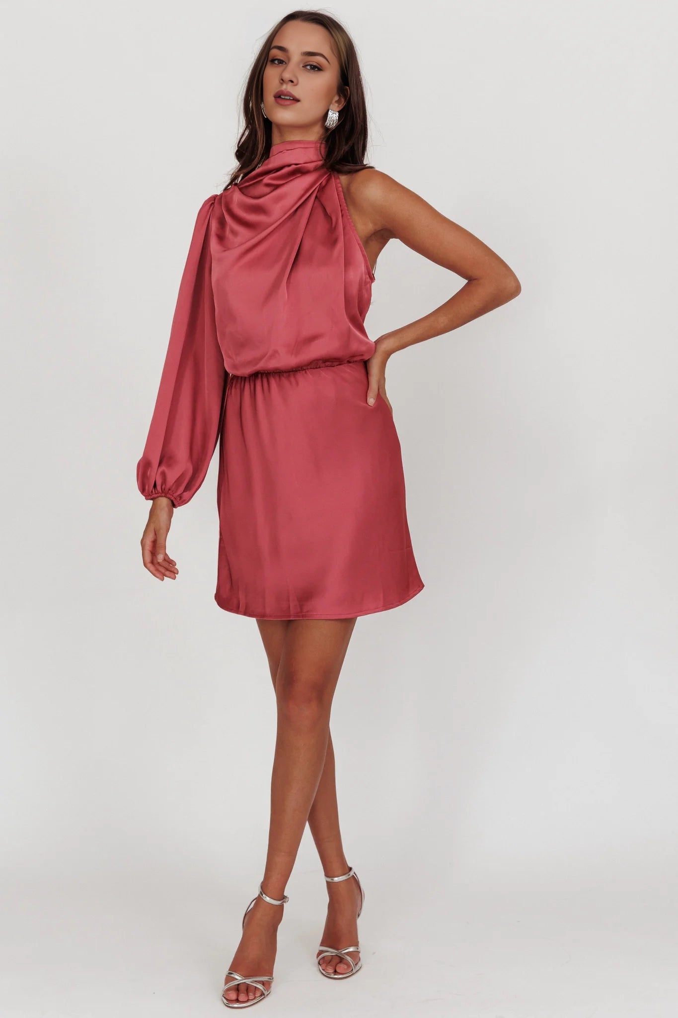 Fashionable one shoulder mini bubble sleeves, high neck, back slit, invisible back zipper, Homecoming Dresses