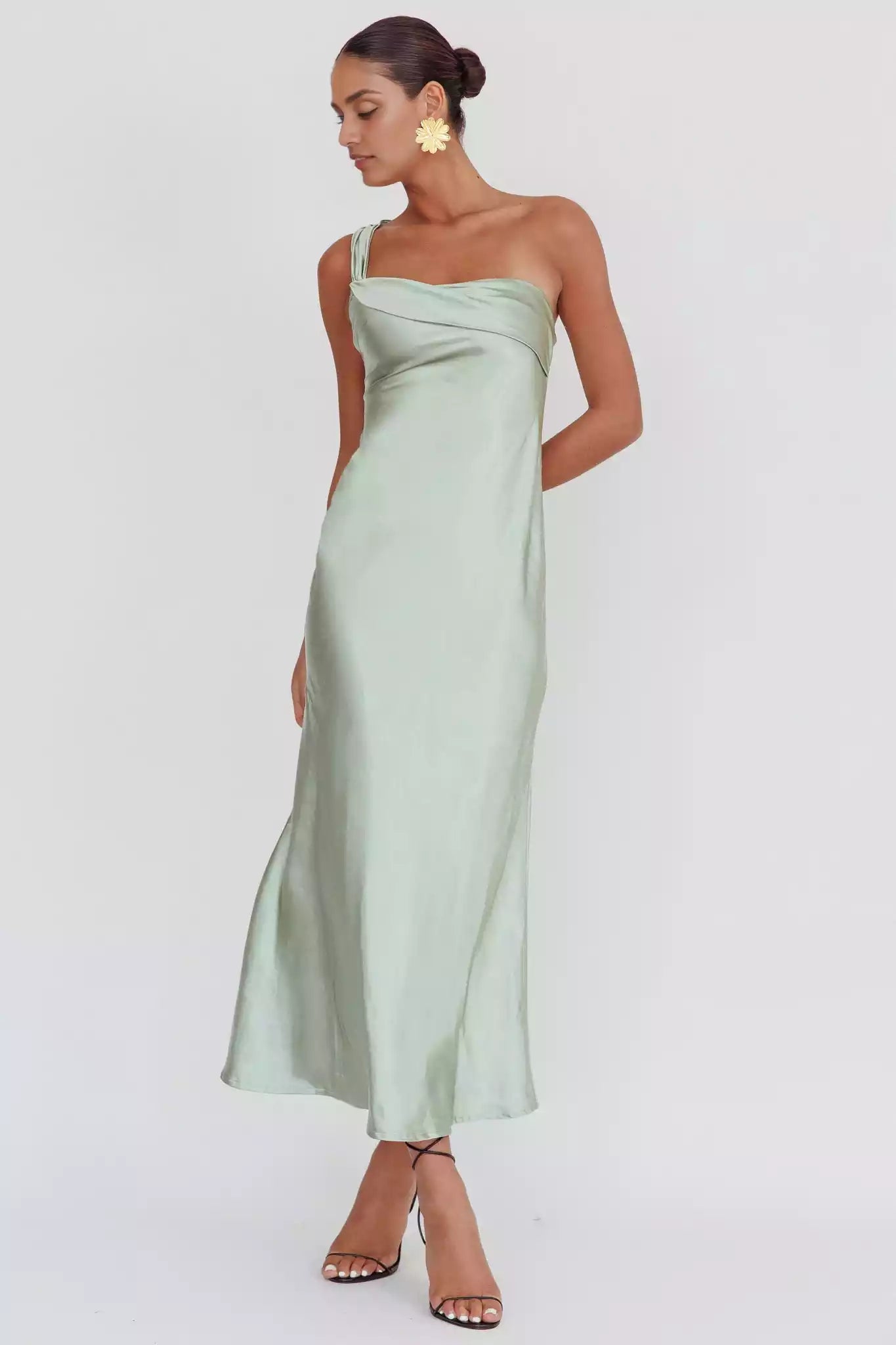 Fashionable satin extra long single shoulder strap with ruffled edges, no lining, invisible side zipper Prom Dresses
