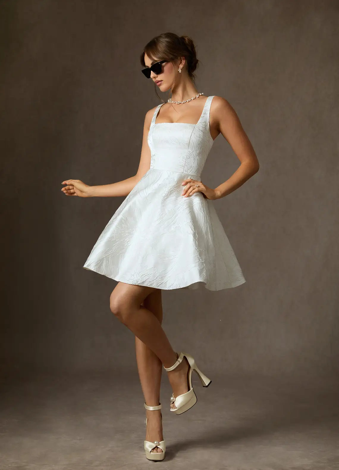 Fit-and-flare Mini Silhouette Square Neck Jacquard Fit-and-Flare Short Wedding Dress with Corset Back