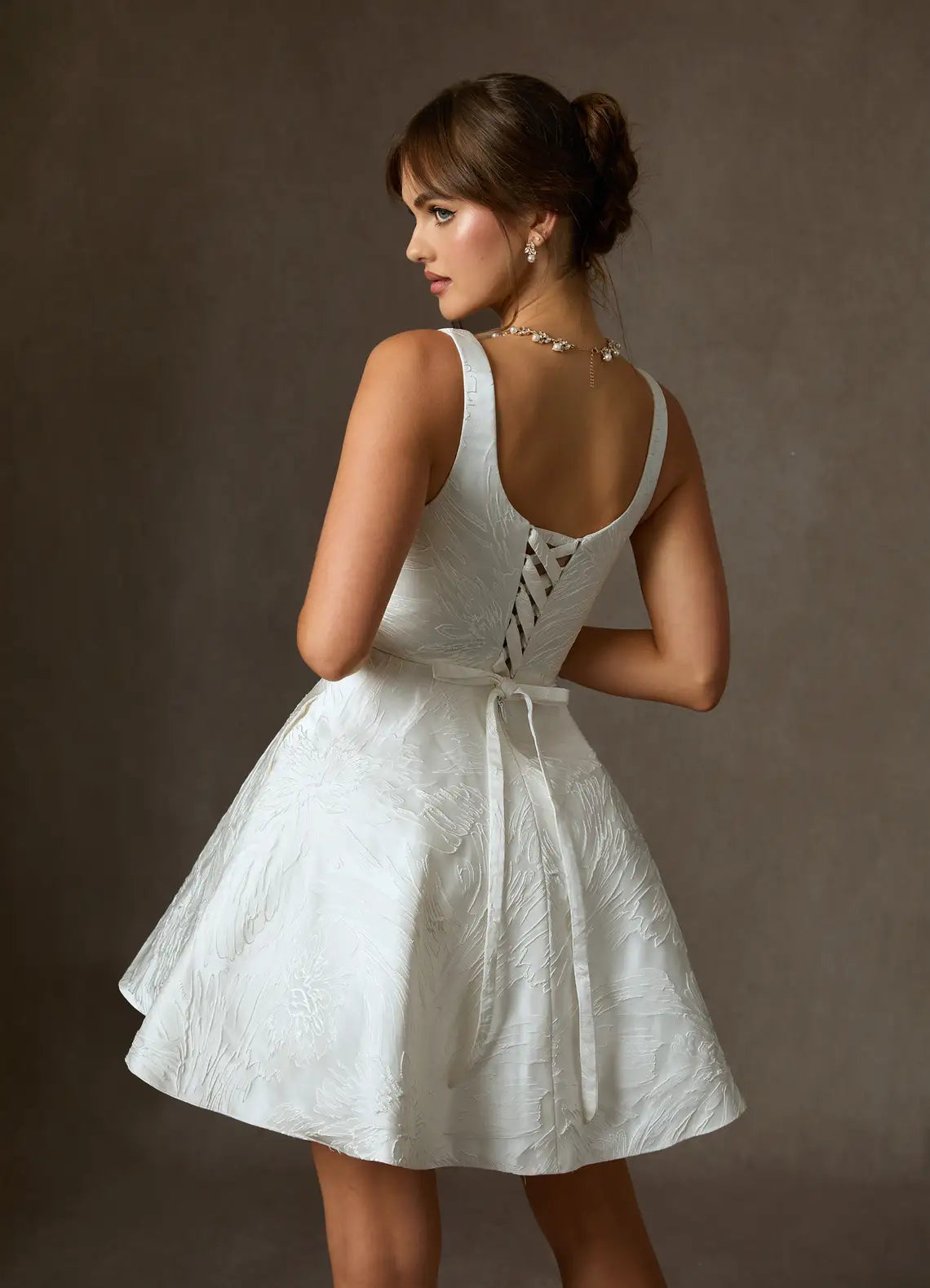 Fit-and-flare Mini Silhouette Square Neck Jacquard Fit-and-Flare Short Wedding Dress with Corset Back