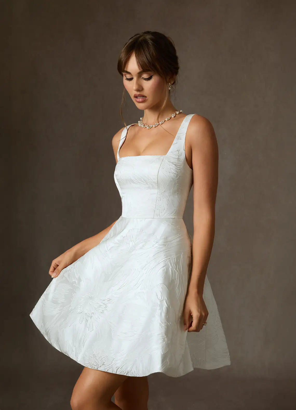 Fit-and-flare Mini Silhouette Square Neck Jacquard Fit-and-Flare Short Wedding Dress with Corset Back