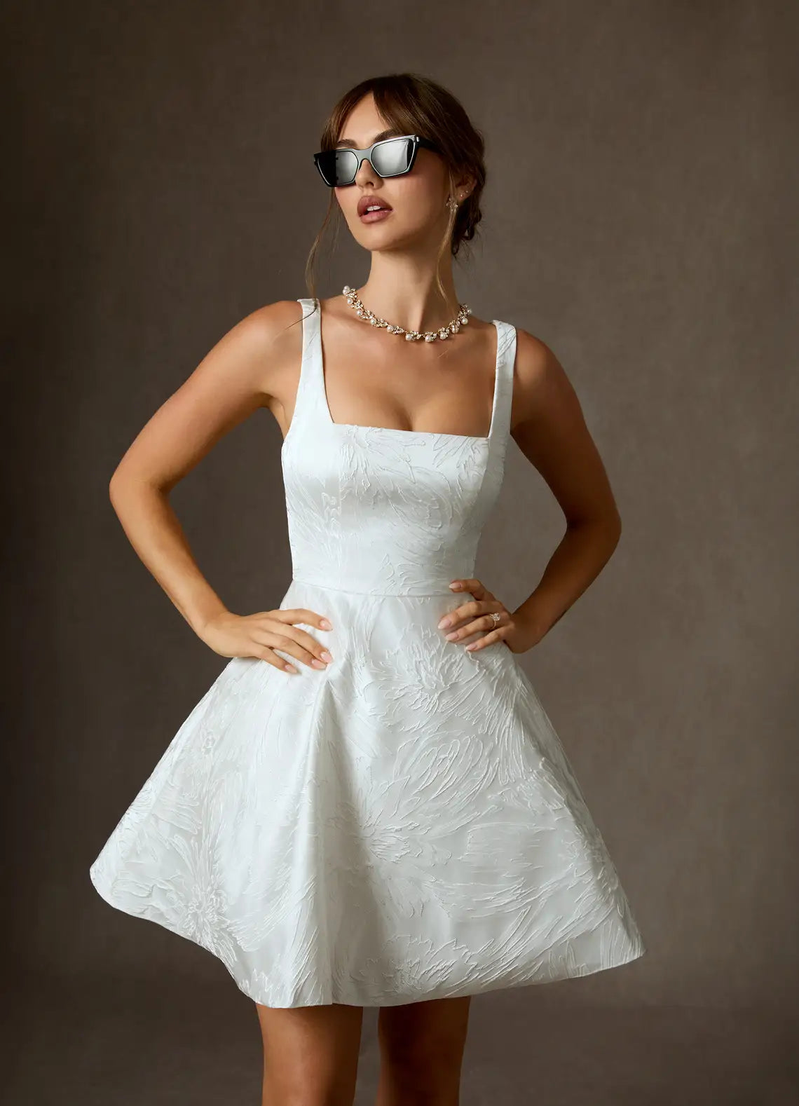 Fit-and-flare Mini Silhouette Square Neck Jacquard Fit-and-Flare Short Wedding Dress with Corset Back